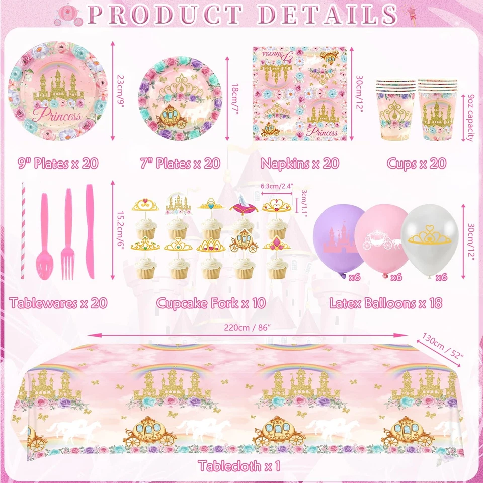 Suministros de fiesta de cumpleaños de princesa, incluye pancarta, platos, tul, servilletas, ca... Foto 2 de 4