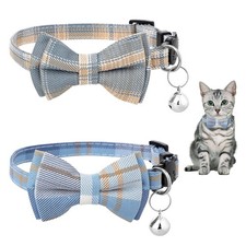 2 PCS Bow Tie Cat Collar with Bells Cat Collar Breakaway Cute Bowtie Plaid Ca...