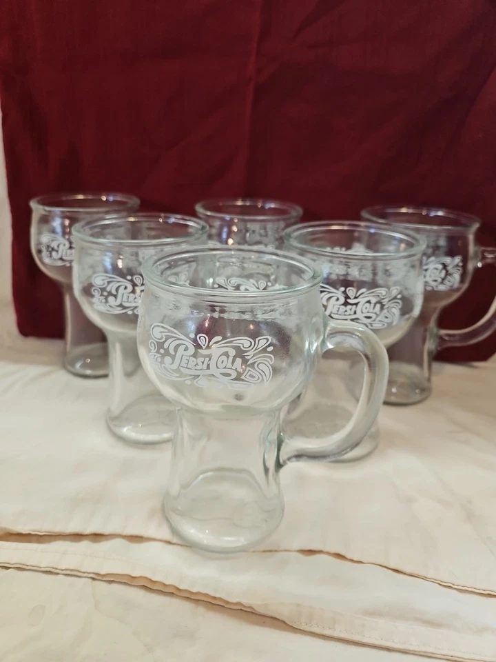 6 件套复古 Pepsicola 玻璃水杯带手柄带压花白色徽章 — 第 3/3 张图片