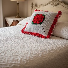VTG Hand Crocheted Granny Square Pillow 20 Red Rose Floral Cottagecore Boho