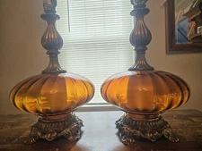 Vtg Saucer Amber Glass MCM Hollywood Regency Table Lamp Night Light 21"