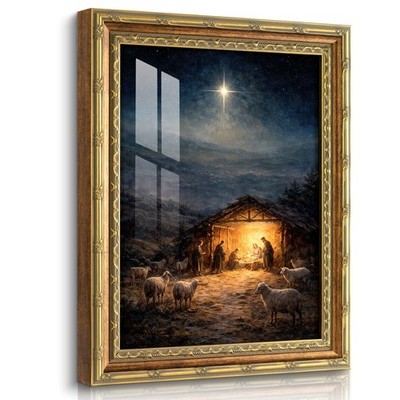 13''x16'' Glass Nativity Scene Framed Canvas Wall Art, Jesus Birth Christian Wa...
