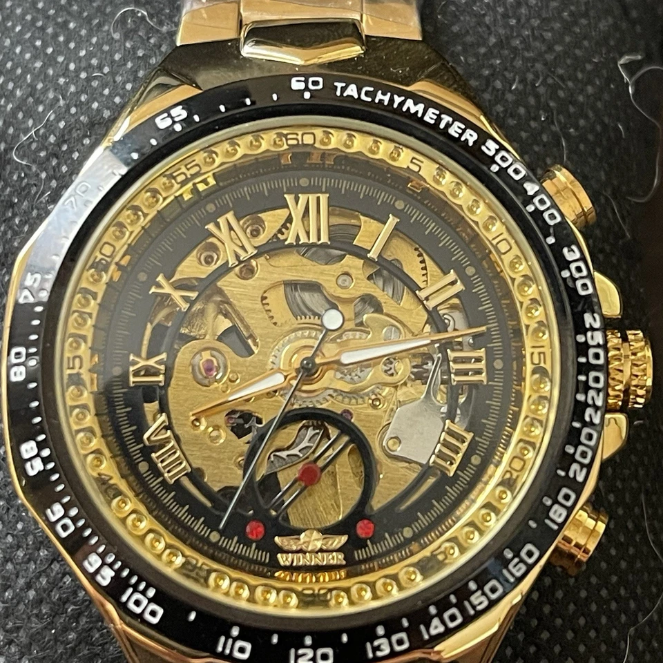 Reloj Automático Hombre GANADOR Tono Dorado Cuerda Automática 41mm Esqueleto Oro Pulsera Foto 3 de 4