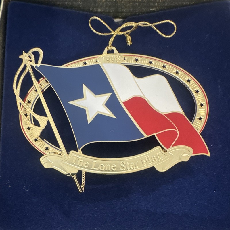 Vintage 1998 Metal Lone Star Texas Flag Hanging Christmas Ornament w/ Box