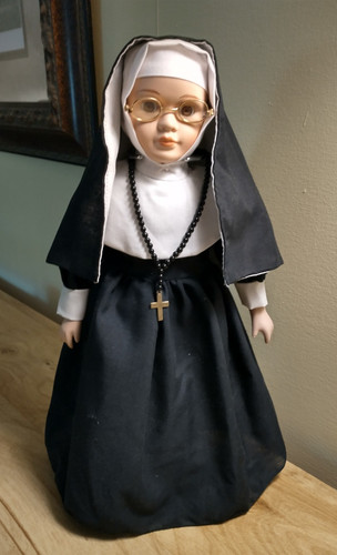 VintagePorcelain 16" Catholic Nun Doll w/ Glasses & Rosary, metal stand included