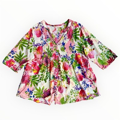 La Cera Tropical Garden Print Tunic Top Size 2X 100% Cotton Pockets Breezy
