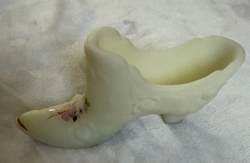 Fenton Satin Custard Uranium Glass Slipper Shoe Hand Painted Flowers
