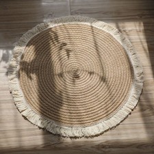 Round Rug Hand Woven Mat with Natural Fibre Indian Jute Flat Pile Mats + Tassel