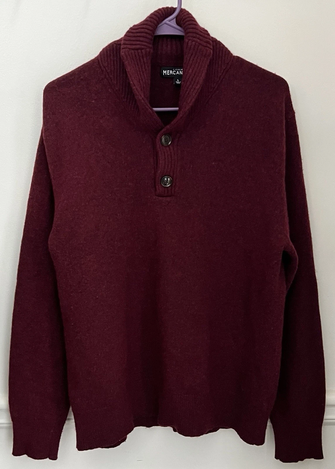 J Crew Mercantile Men’s Sweater Cranberry Color Collared 30% Lambs Wool Size L