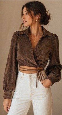 NWT En Saison Brown Corduroy Wrap Crop Top Jacket S Tie Waist Long Sleeve Boho
