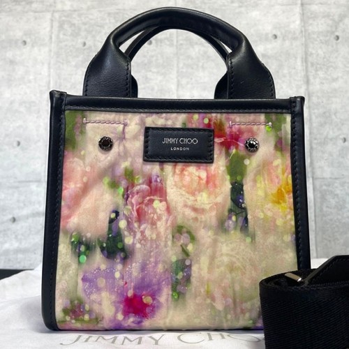 Jimmy Choo Flower Pattern Nylon Leather 2-Way Shopper Tote Used Authentic