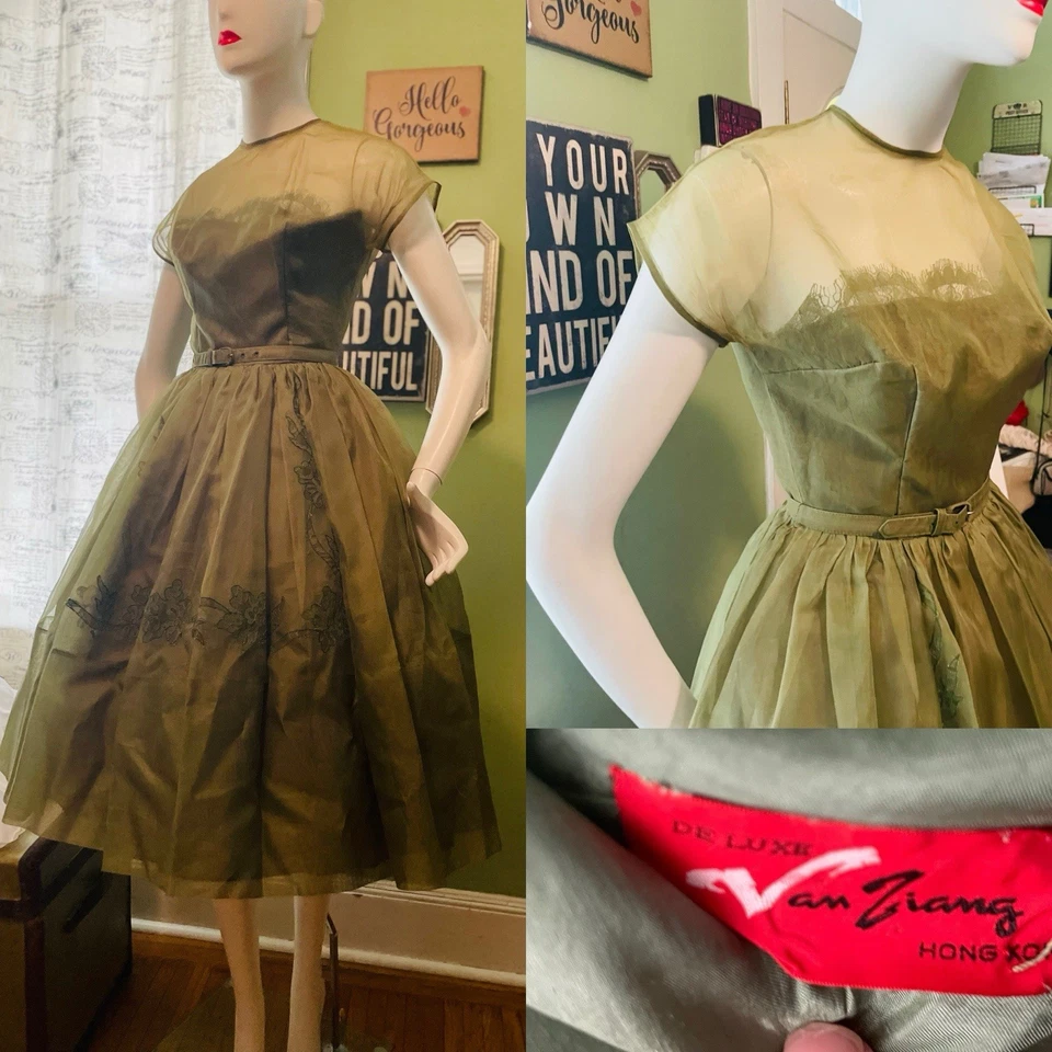 Vintage 50s Designer Chiffon Red Carpet Party Dress ~ Illusion Sheer Top M - Image 2 of 4