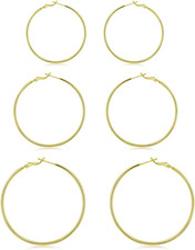 3 Pairs Sterling Silver Hoop Earrings, 14K White Gold Plated Big Hoop Earrings S