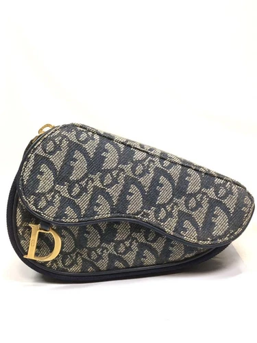 Pochette pochette selle motif trotteur Christian Dior bleu marine authentique