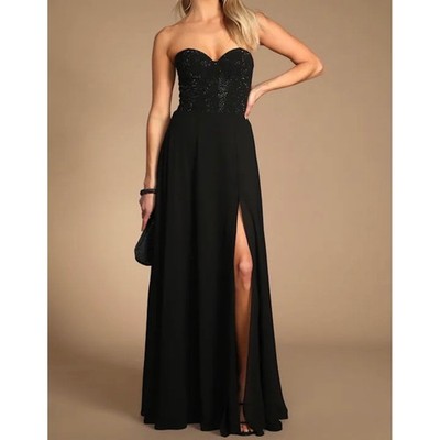 Lulus Remember this Moment Black Rhinestone Strapless Sweetheart Maxi Dress sz L