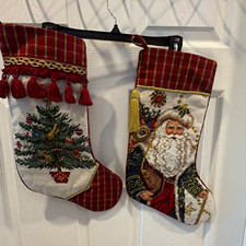 Vintage Style Needlepoint Christmas Stockings Santa Tree Set of 2 16.5"