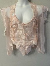 VTG Deadstock Lingerie Set size L pink lace teddy and open cover up