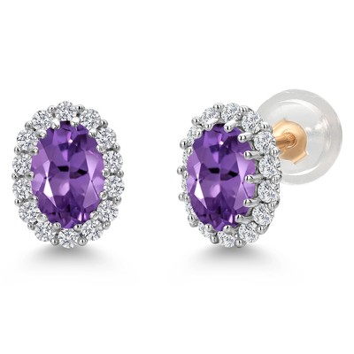 1.12 Ct Amethyst G/H Lab Grown Diamond 925 Silver and 10K Yellow Gold Earrings