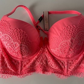 Victorias Secret Body Lined Demi Bra 32D Pink Lace Underwire Longline