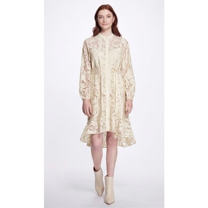 Marchesa Notte Lace Shirt Dress Cream Long Sleeves Belted Waist Lined size 8