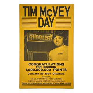 Vintage 1984 TIM McVEY DAY Twin Galaxies Poster Nibbler 1 Billion Points Ottumwa