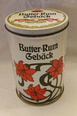 DDR Blechdose VEB Feingebäck Stolberg / Harz delikat Butter Rum Gebäck Ø 100 mm*