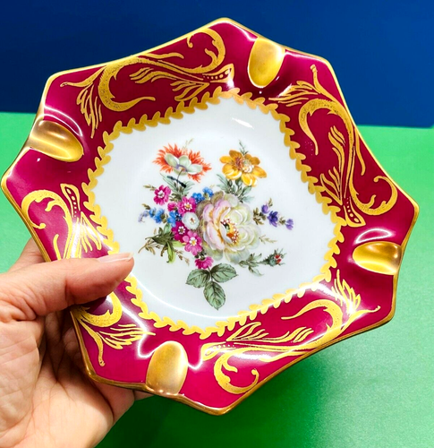 Vintage Limoges France Burgundy Gold Floral Porcelain Cigarette Ashtray - Picture 10 of 11