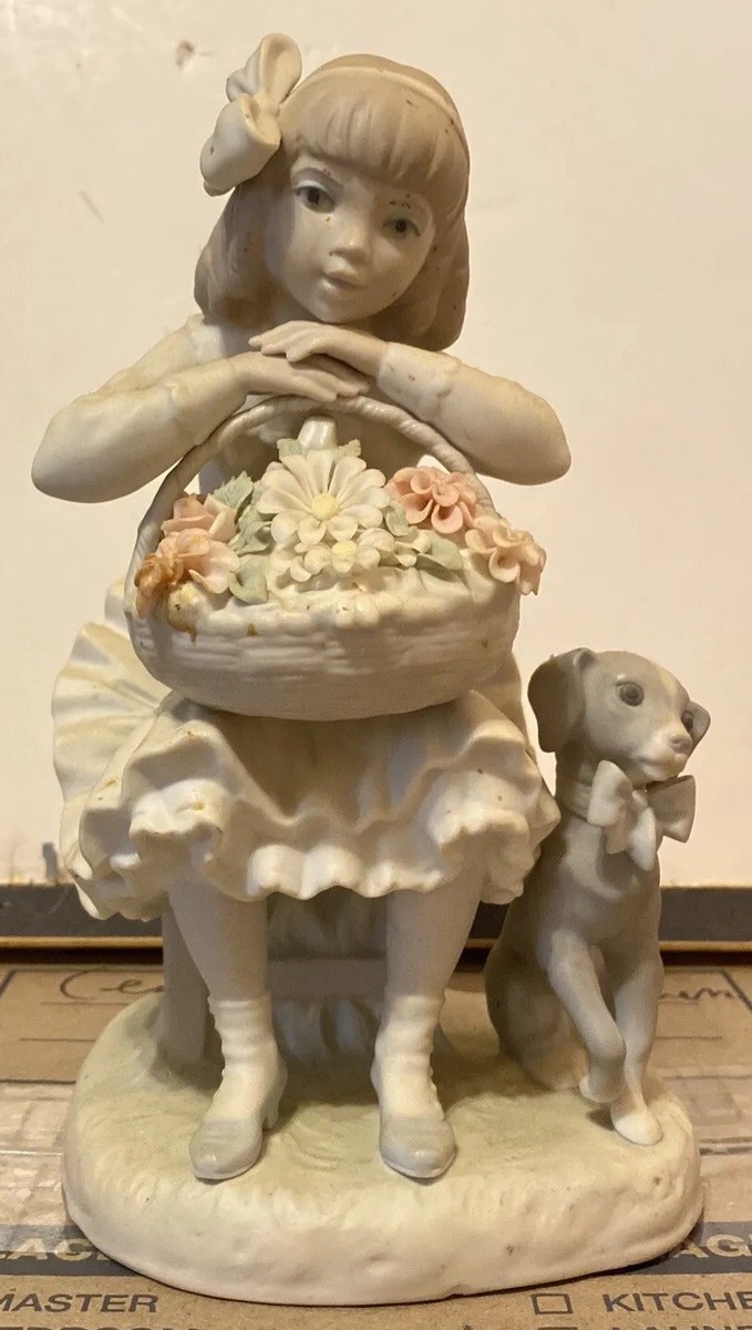 リヤドロ LLADRO PLAYTIME WITH PETALS 犬と少女 VTG Lladro Girl Sitting w/ Dog & Basket of Flowers Porcelain