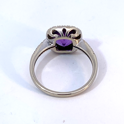 Ladies 14K White Gold Checkerboard Cut Amethyst Diamond Halo Fashion Ring Sz7.25 - 第 6/12 張圖片