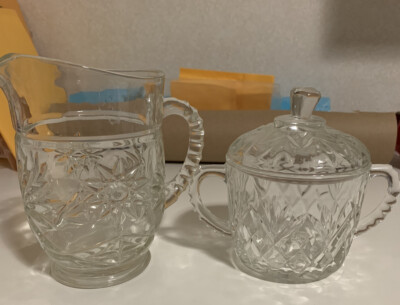 Vintage Cut Glass Sugar And Creamer Set, Sunburst Pattern, Sugar Bowl w/lid