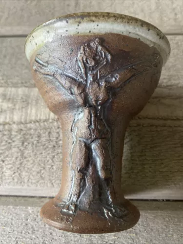 Studio Art Pottery Cup Nude Figural Brown Speckle Glaze