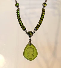Vtg Victorian Revival Cameo Necklace Acrylic Pendant Peridot Green Rhinestones