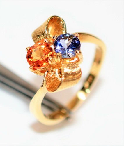 Natural Tanzanite & Padparadscha Sapphire Ring 10K Solid Gold .98tcw Bow Ring - Picture 4 of 12