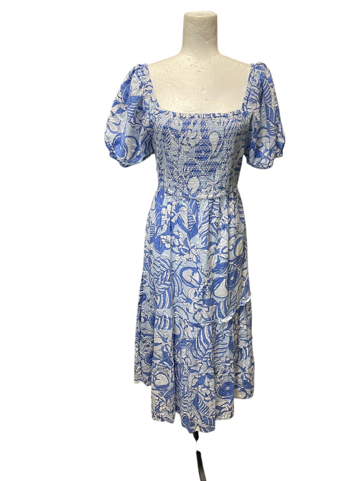 Vineyard Vines Blue White Smocked Puff Sleeve Midi Dress Open Back Size Medium