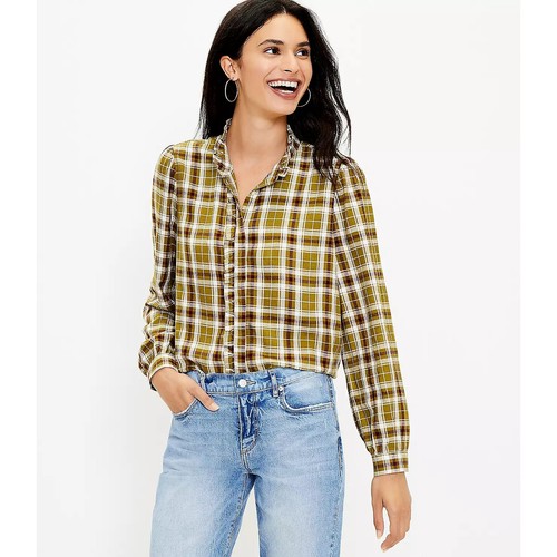 Ann Taylor LOFT Plaid Ruffle Trim Shirt XS - Picture 2 of 4