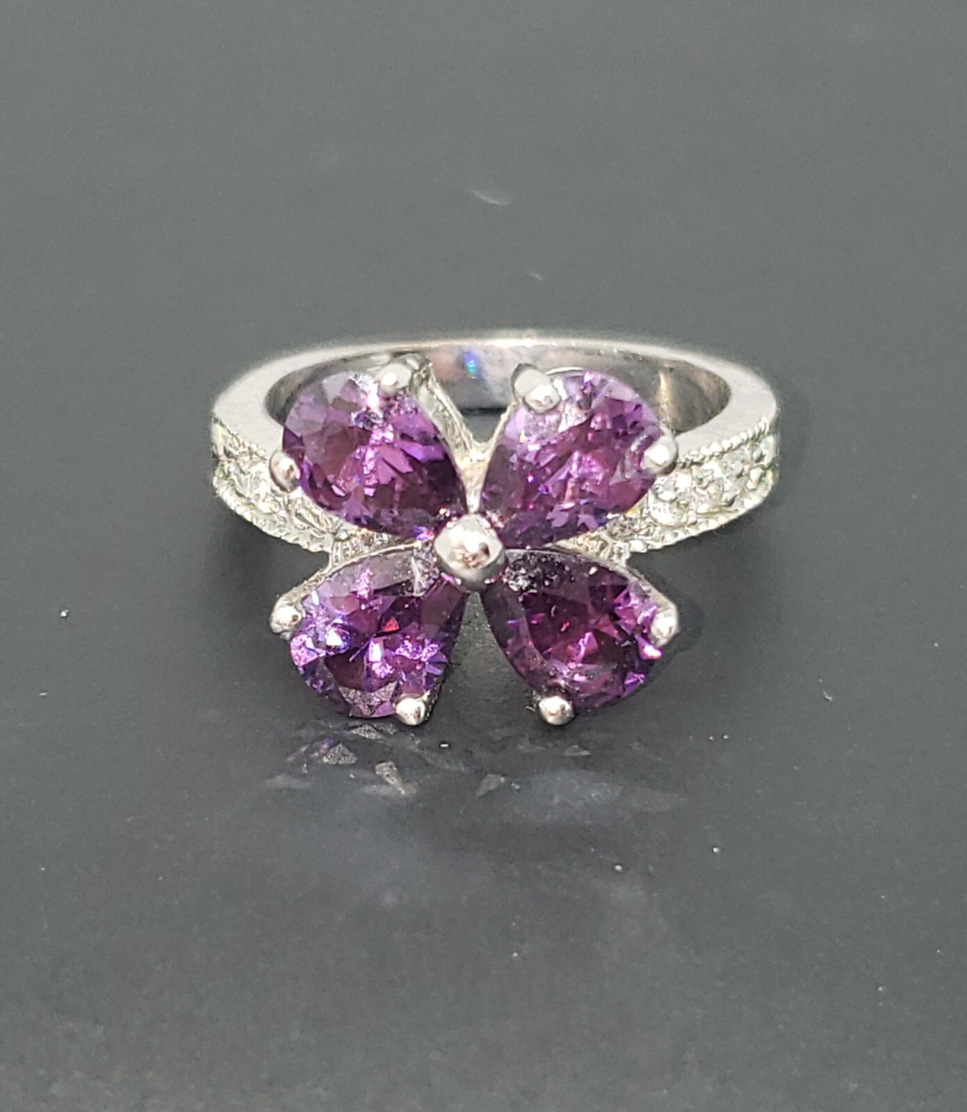 Simulated Amethyst & Rhinestone Silver Tone Flowe… - image 6