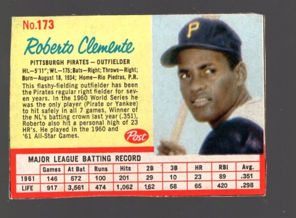 Roberto Clemente #173 Post Cereal Vintage Baseball Card in Good Used Condition
