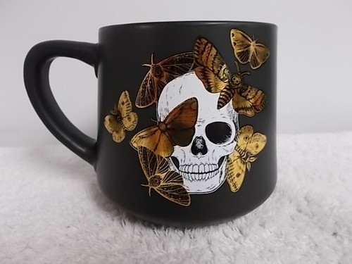 Halloween Spooky Skull Gold Moths Black Ceramic Coffee Tea Cup Mug - Picture 3 of 6