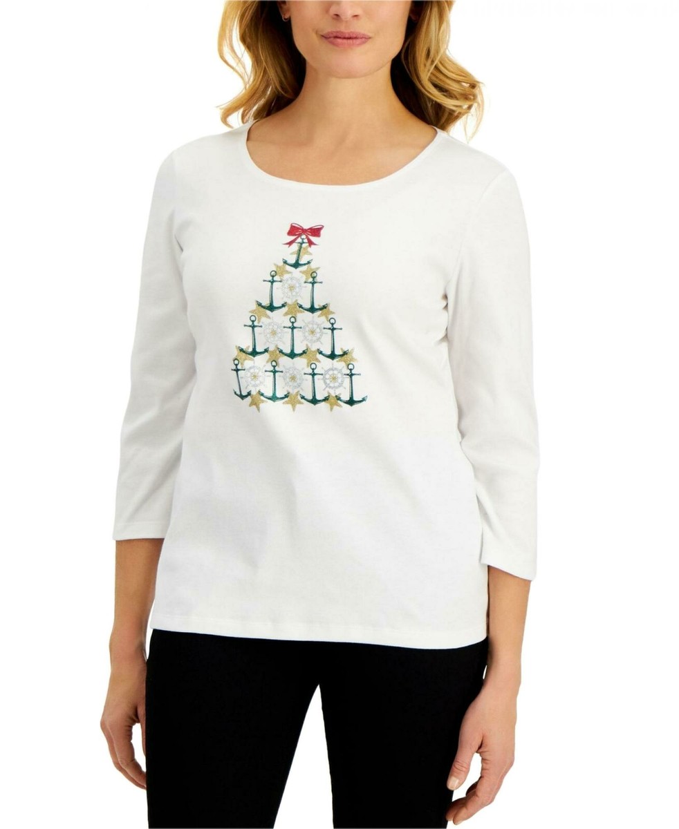 NWT Karen Scott Women's 3/4 Sleeve Christmas Sparkle Knit