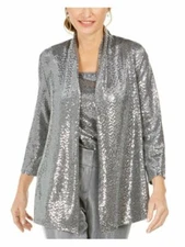 KASPER Sequined Jacket Petites Size Medium Silver Shiny Duster Jacket NWT FU598