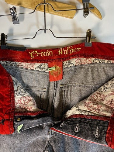 Crown Holder Jeans Herren bestickt Hip Hop Y2K 36 31 grau gold Whiskered Unikat - Bild 15 von 18