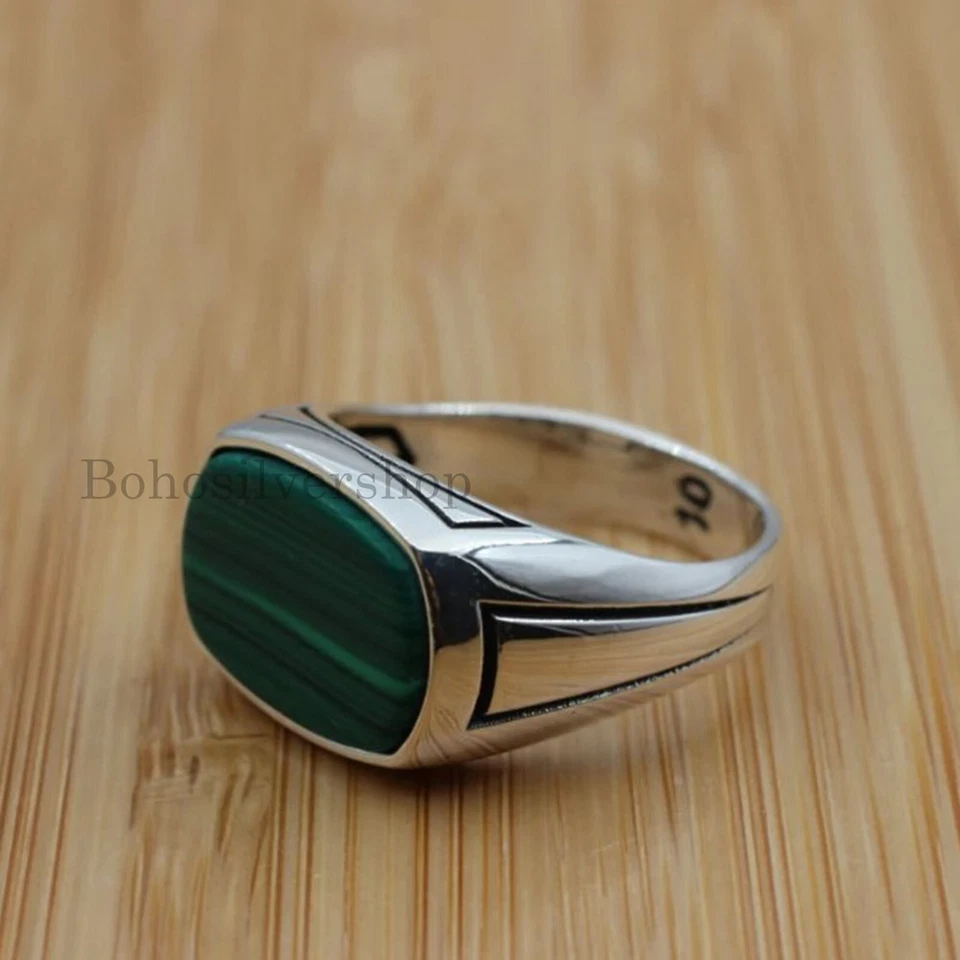 Anillo de malaquita turca para hombre de plata de ley 925 hecho a mano piedra regalo para él #395 Foto 4 de 4