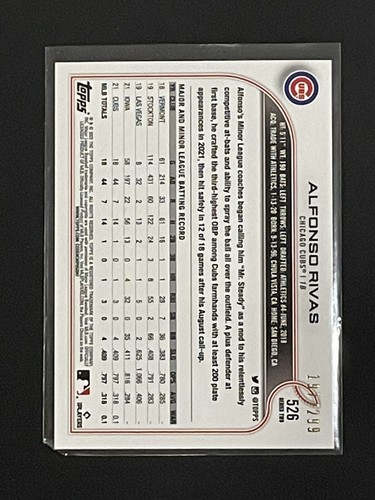 2022 Topps Baseball Series 2 Alfonso Rivas #526 Rookie Orange /299 Chicago Cubs - Picture 2 of 3