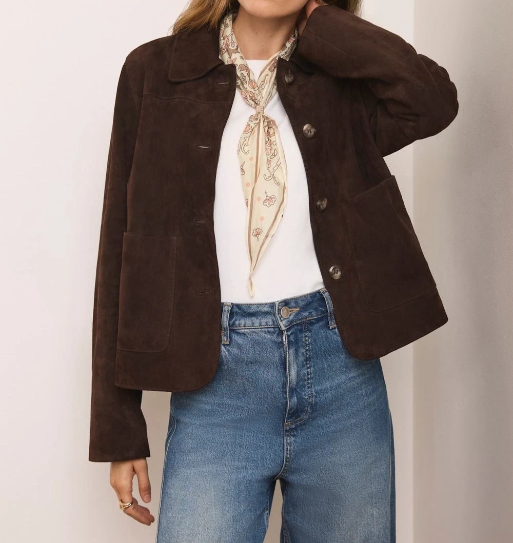 Women's Dark Brown Suede Leather Trucker Jacket Size XS S M L XL XXL Custom - 38