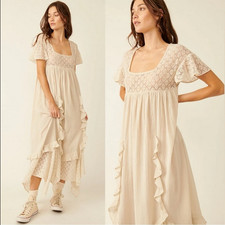 Free People Bring The Romance Midi Dress Tan Ruffle Lace Bohemian Maxi New S