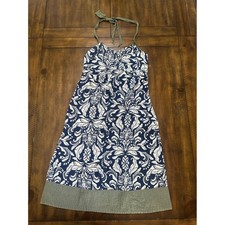 Vintage American Eagle Blue Damask Paisley Halter Dress Olive Green Trim Size 4