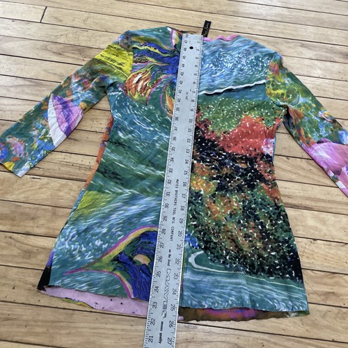 Elana Kattan Psychedelic Top Women L Abstract 3/4 Sleeve Scoop Mesh Hippie Rave - Picture 12 of 24