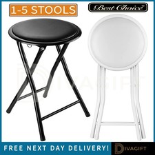 BLACK WHITE FOLDING STOOL ROUND FOLDABLE METAL SPACE SAVING STOOLS PADDED SEAT