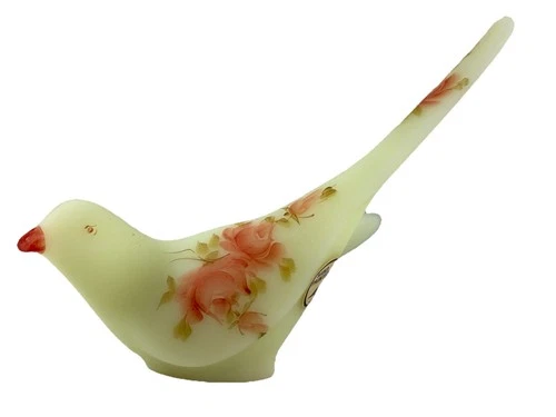 Vintage Fenton Bird Satin Uranium Custard Roses Signed Original Stickers