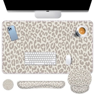 Leopard Light Khaki Desk Mat Animal Skin Mouse Pad Set 4 in 1 Ergonomic Desig...